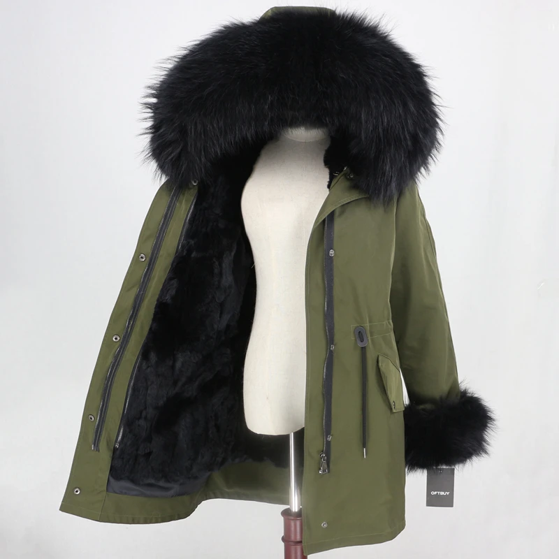 OFTBUY Long Waterproof Parka Real Fur Coat Natural Fur Collar Hood Winter Jacket Women Rabbit Fur Liner Thick Warm Detachable - Цвет: green black