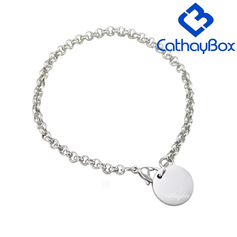 

Women's Bracelet Personalized Name Engrave Silver Tone Stainless Steel Round Charm Pendant