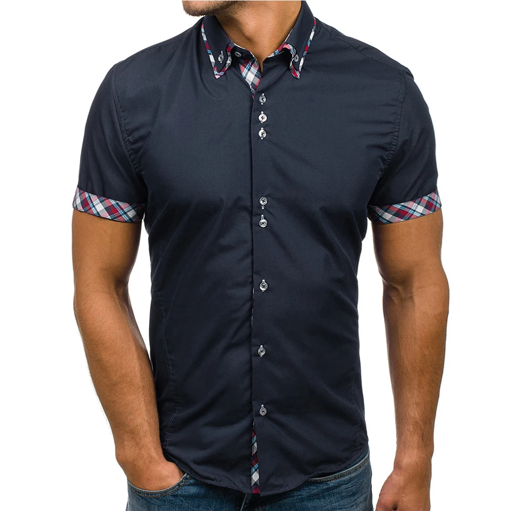 

2019 Brand Short Sleeves Mens Cotton Tops Dress Shirt Simple Lattice Mens Casual Slim Hawaiian Shirt Plus Size 3XL Chemise Homme
