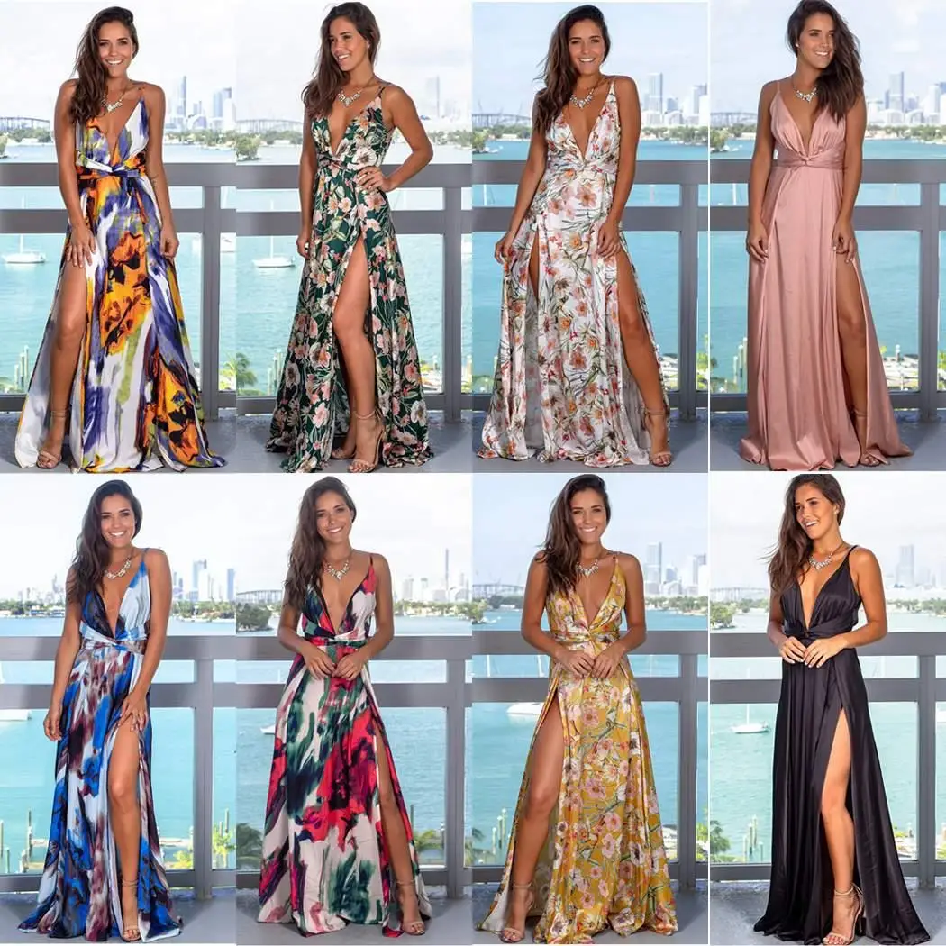 

Women Casual V-neck Sleeveless Print Front Split Split, Backless Long Floor Length Summer High Waist Dress
