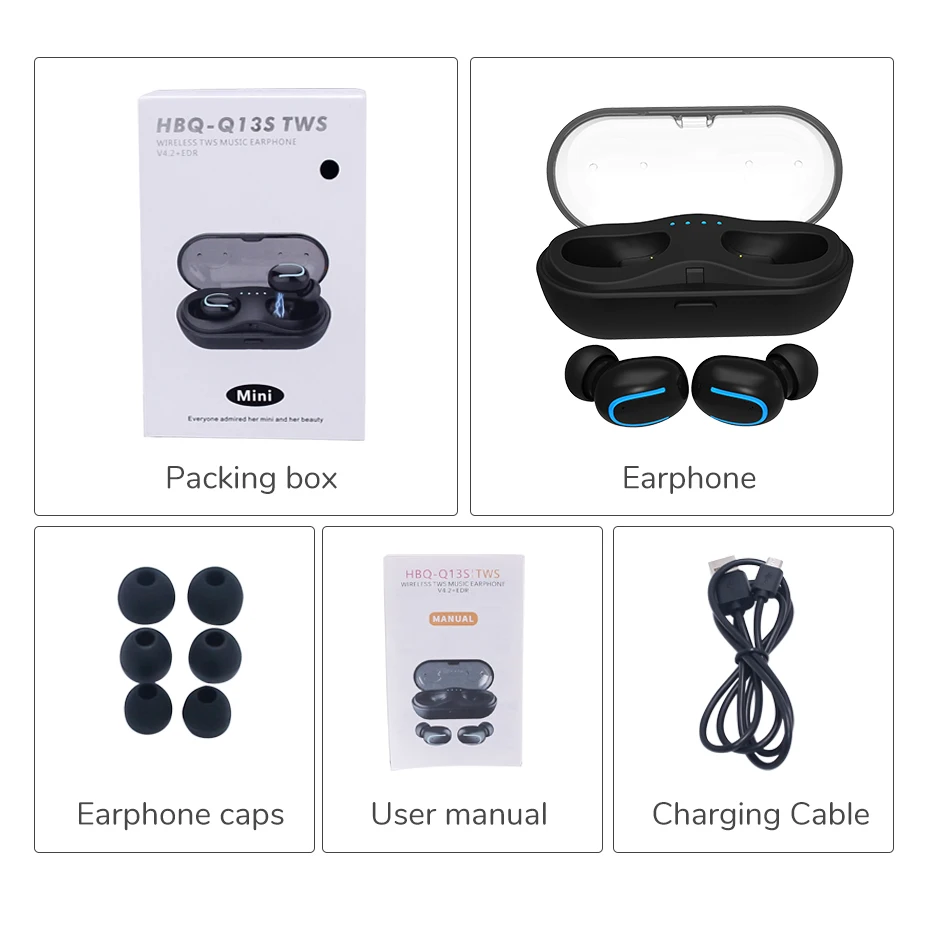 

Q13s TWS Twins Wireless Earbuds Mini Bluetooth V4.2 Stereo Mic Earphone IPX4 Waterproof with Charging Box for Iphone 7 plus 7 6s
