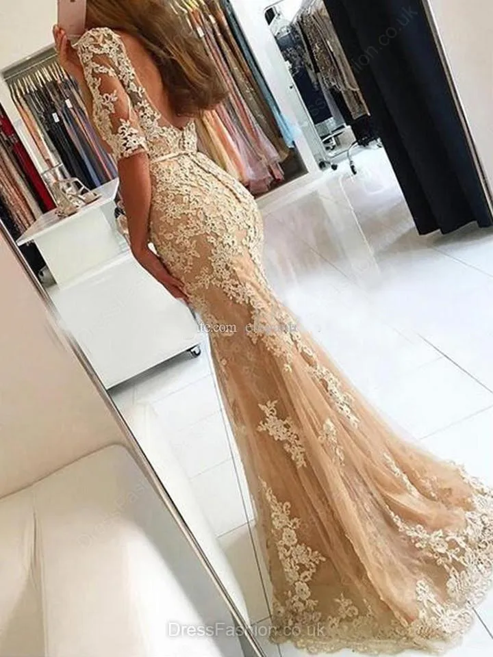 Vestido вечернее платье с коротким рукавом спинки Русалка 2018 Кружева Аппликации На Заказ Формальное вечернее платье для мамы невесты платья