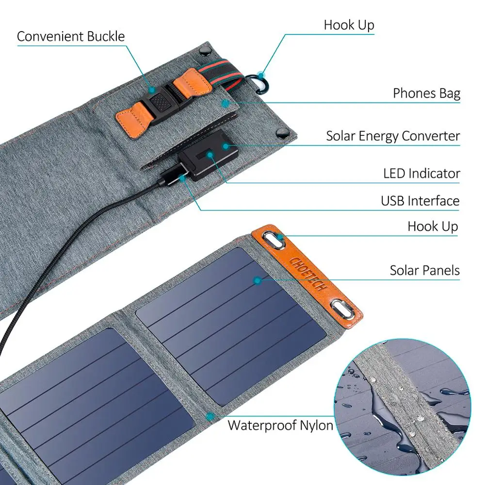 CHOETECH солнечное складное зарядное устройство 14 Вт USB выходное устройство Портативные водонепроницаемые солнечные панели для смартфонов iPhone X/XS/8/7/6s/Plus