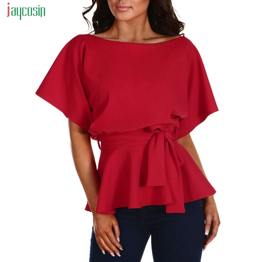 

Jaycosin Women's Elegant O-neck T Shirt With Sashes New Arrivals Fashion Solid Woman Casual Office Lady Short Sleeve Loose Tops