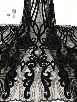 

new Black Color Handcut French Velvet Lace Fabric 2019 Sequins Embroidered Nigerian French Tulle Velvet Lace Fabric F6
