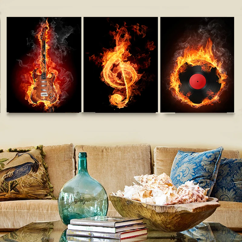 Music-3-Piece-Canvas-Wall-Painting-Abstract-Home-Decor-Black-Burning-Guitar-Pop-Art-Pictures-Canvas
