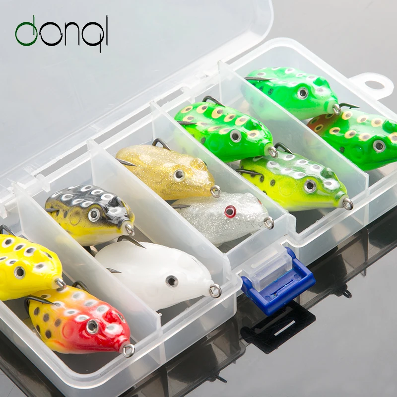 

DONQL 10pcs/lot Soft Ray Frog Fishing Lures Top Water Bait With Metal Sequins 11g 5.5cm Double Hooks Frog Lure Fishing Tackle