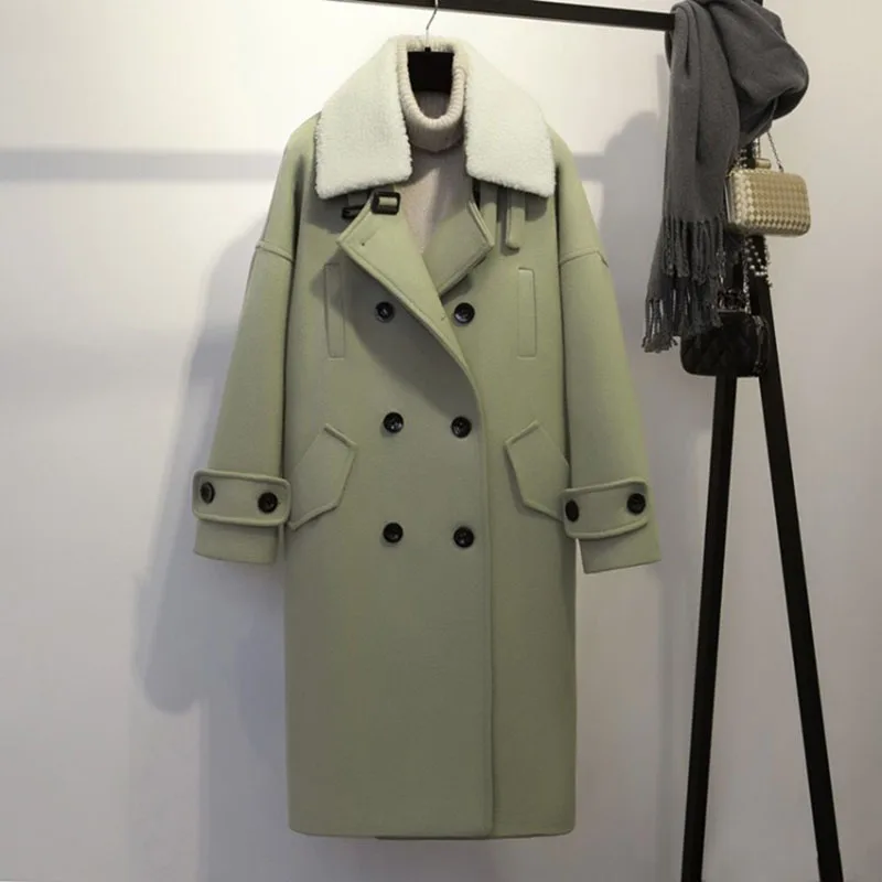 Весеннее зимнее женское пальто новое женское двубортное повседневное шерстяное пальто с отложным воротником длинное шерстяное пальто с широкой талией - Цвет: Зеленый