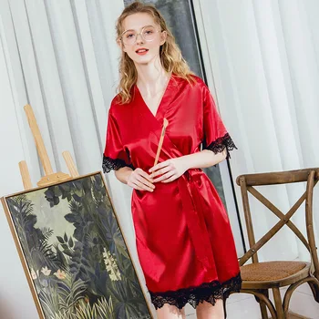 

Dark Red Silky Women V-Neck Kimono Robe Pajamas Sleep Sleepwear Bathrobe Female Home Wear Bath Gown Nightgown Sleepshirts M-XL