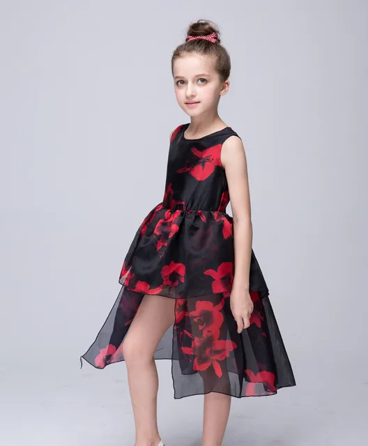 Fancy dress Black&red toddler girl clothing Flower print Asymmetrical