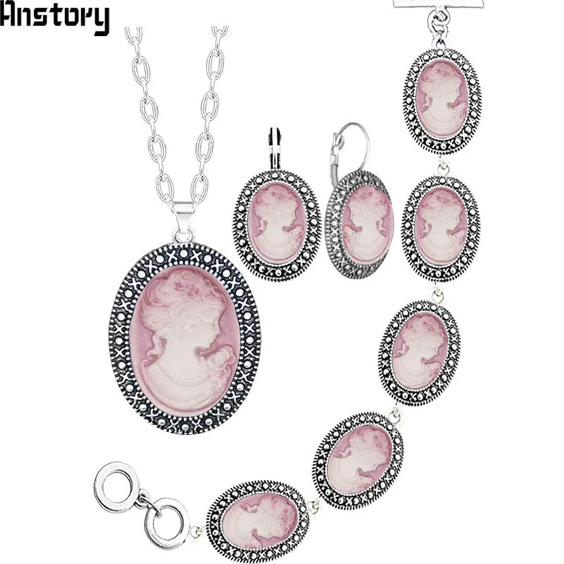 Oval Lady Queen Cameo Jewelry Set Antique Silver Plated Necklace Earrings Bracelet Fashion Jewelry TS419 - Окраска металла: Pink