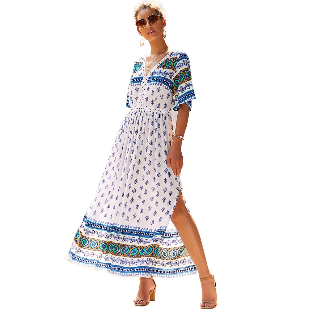 

Women's Bohemian spring and summer dress 2019BONJEAN new print V-neck short-sleeved polyester sexy casual holiday dress