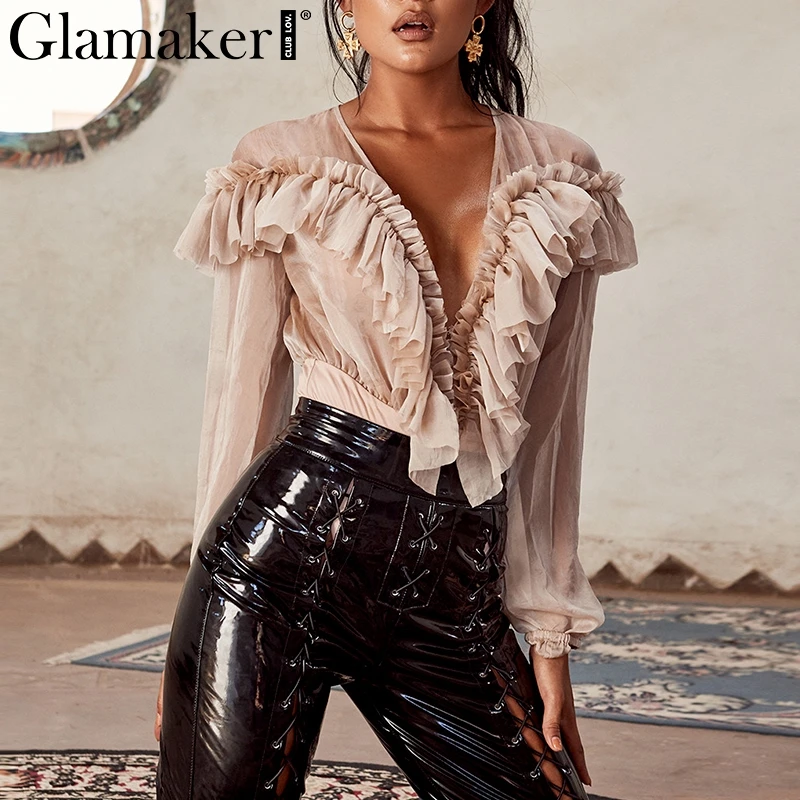 Glamaker Deep v neck transparent mesh ruffle bodysuit Women chiffon long sleeve bodysuit loose overall Sexy female spring romper