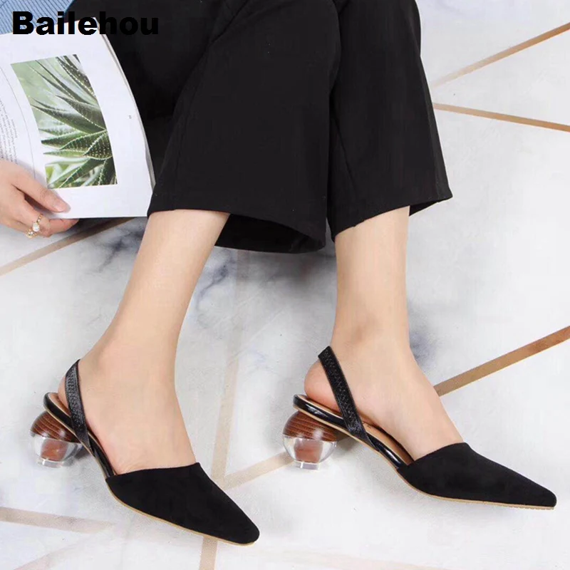 Women Sandals Fashion Crystal Round Ball Heels Ankle Straps Sandals Med Heel Wedding Party Shoes Mixed Color Square Toe Sandals