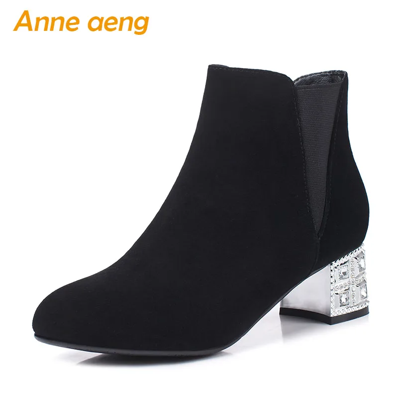

2019 New Winter Women Ankle Boots Crystal Middle Heel Round Toe Elastic Band Sexy Women Kid Suede Shoes Black Warm Short Boots