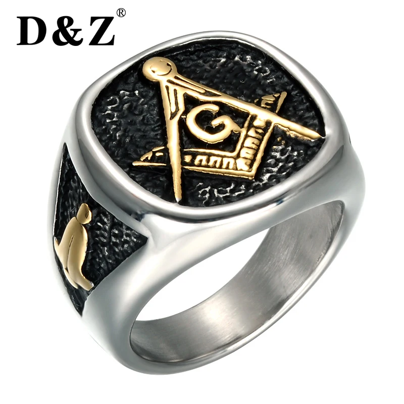 

D&Z Vintage Gold Color Men Masonic Ring Casting 316L Titanium Stainless Steel Freemasonry Masonic Rings for Men Jewelry