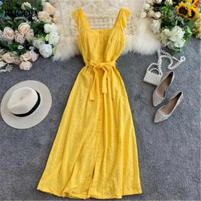 

RUGOD Super Fairy Sweet Dress Women Sleeveless Square Collar Single Breasted Bandage Vestido Slim Lady Madi платье 2019