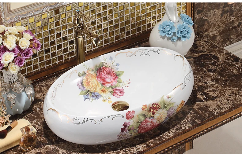 Oval Bthroom Lavabo Ceramic Counter Top Wash Basin Cloakroom Vessel Sink bathroom sink rose pattern vintage porcelain sink (2)