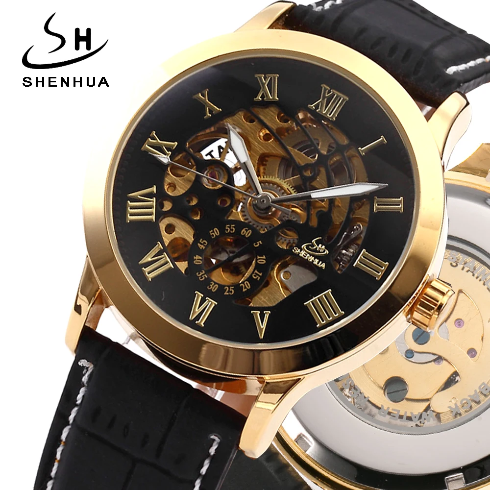 Hollow Skeleton Automatic Mechanical Wrist Watch Shenhua Classic Gold