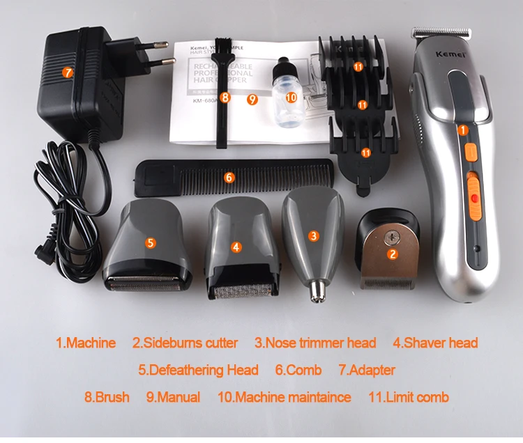 Kemei KM-680A 8 in 1 Rechargeable Shaver/Trimmer Package 