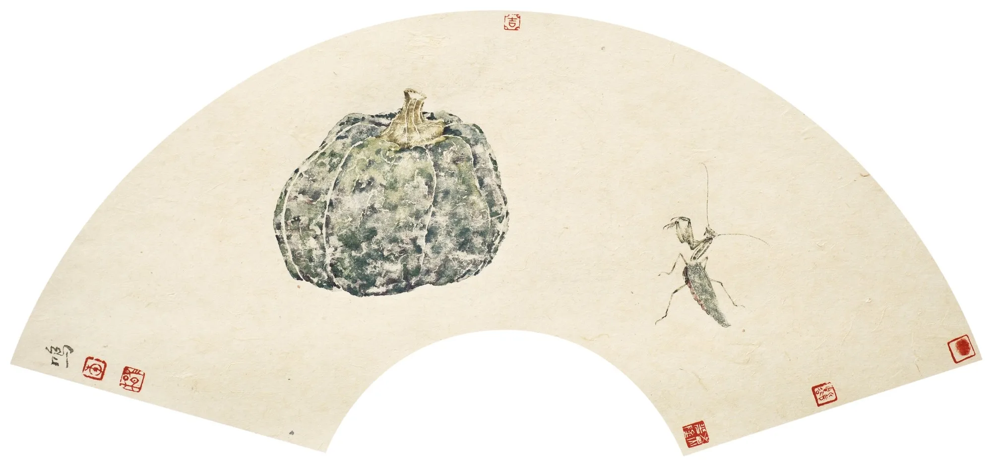 

Chinese Artist Li Baiming's Work "Carving Insect Set 2012 03" Painting Chinese Style 20*60cm Wall Art Sector Shape Oil Picture