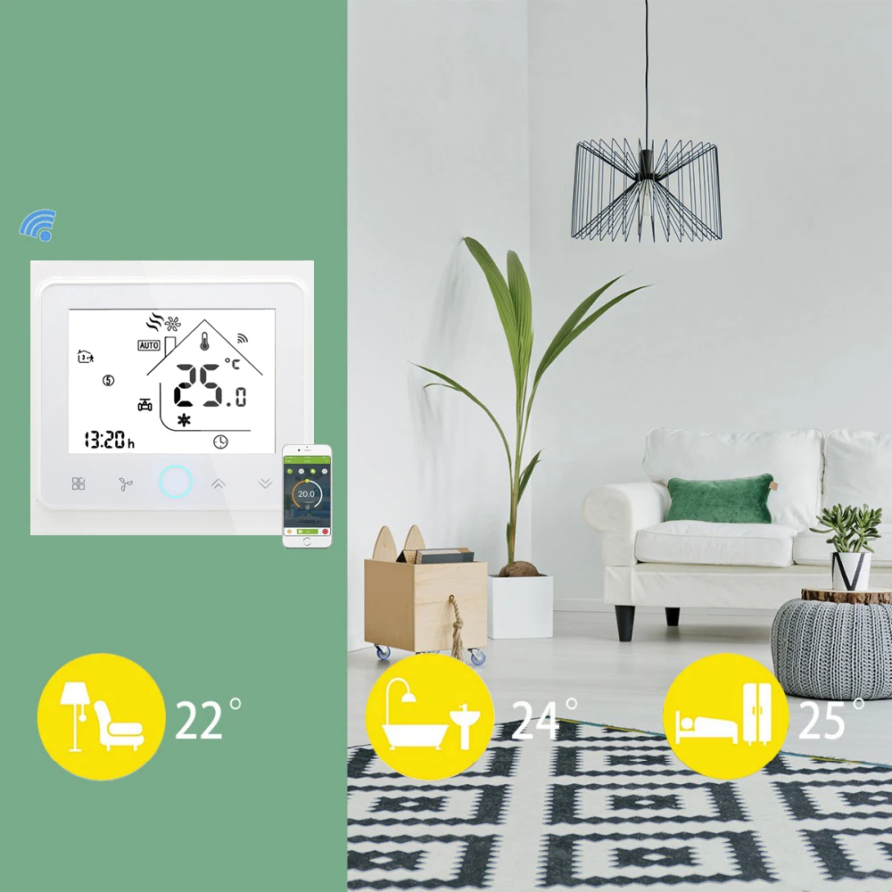 Programmable Smart Wifi Thermostat for 4 Pipe Fan Coil Air Conditioner Temperature Controller Works with Alexa Google Home Programmable Smart Wifi Thermostat for 4 Pipe Fan Coil Air Conditioner Temperature Controller Works with Alexa Google Home