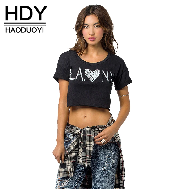 

HDY Haoduoyi Fashion Black Women T-shirts Crew Neck Short Sleeve Printed Slim Crop Tops Women Soft Casual Basic Pullovers Tees