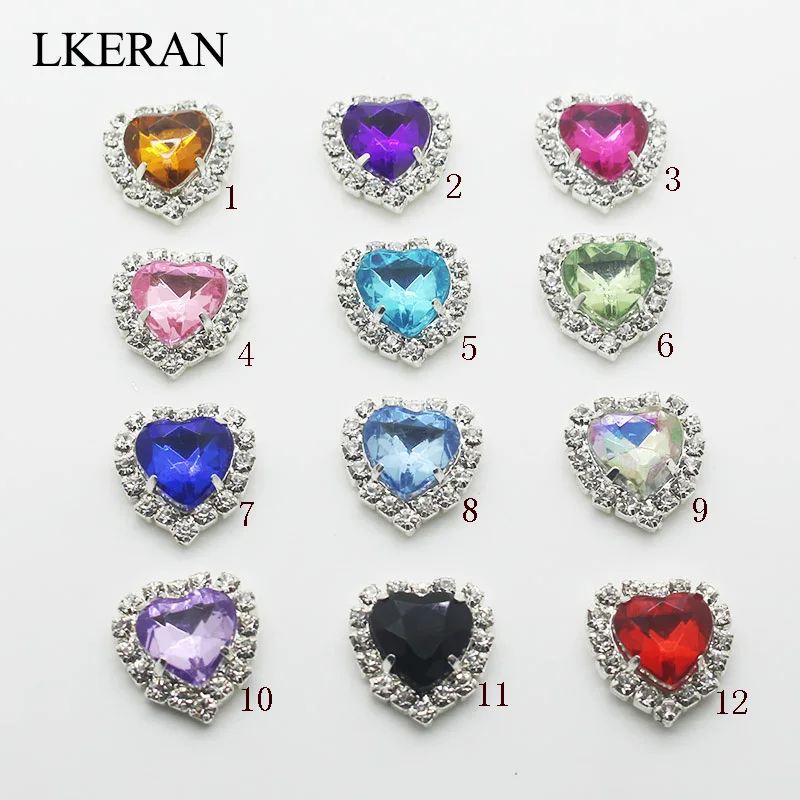 

LKERAN Factory Outlet 18*16mm Acrylic Heart-shaped Rhinestone Button Flatback Can Mix Colors For 10PCS/lot