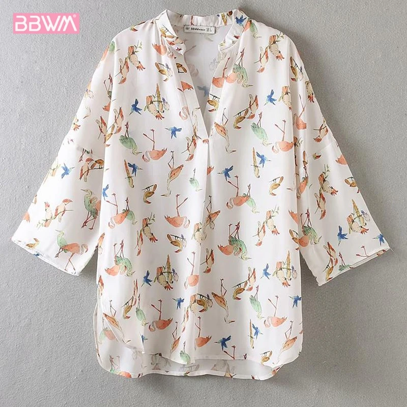 

Spring animal flamingo print V-neck shirt female long-sleeved loose blouse Bohemian three-quarter sleeve women's shirt