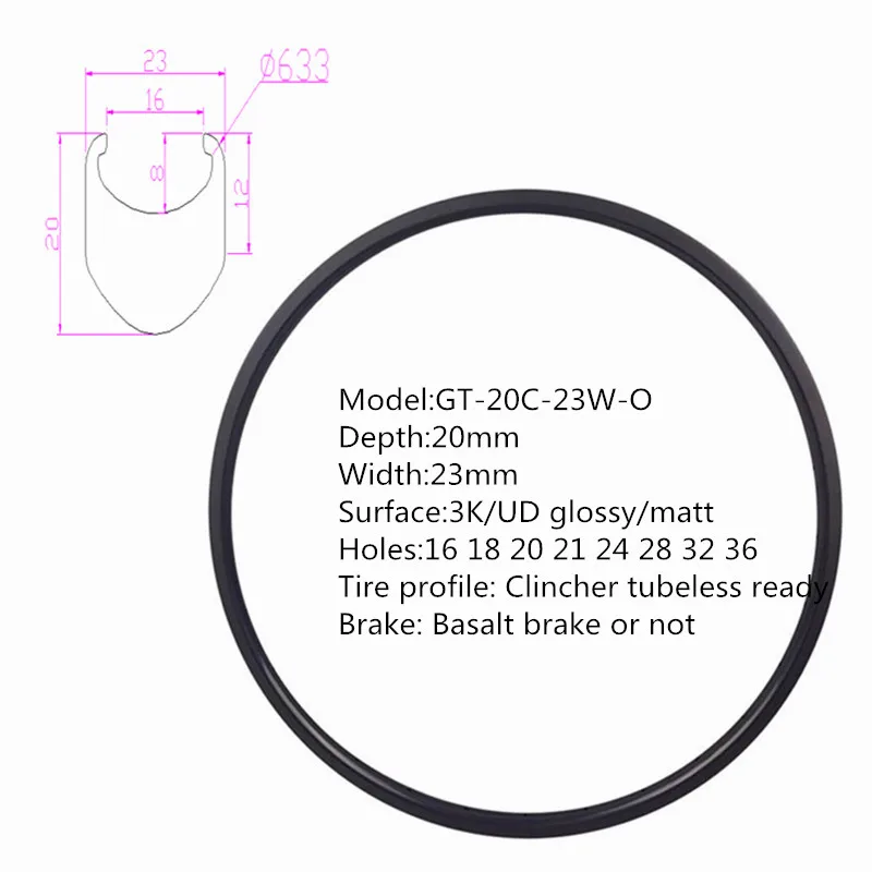 

20mm Small Depth Carbon Rims 23mm Width 700C Carbon Wheels Front And Rear Rims 16 18 20 21 24 28 32 Holes Clincher Glossy Matt