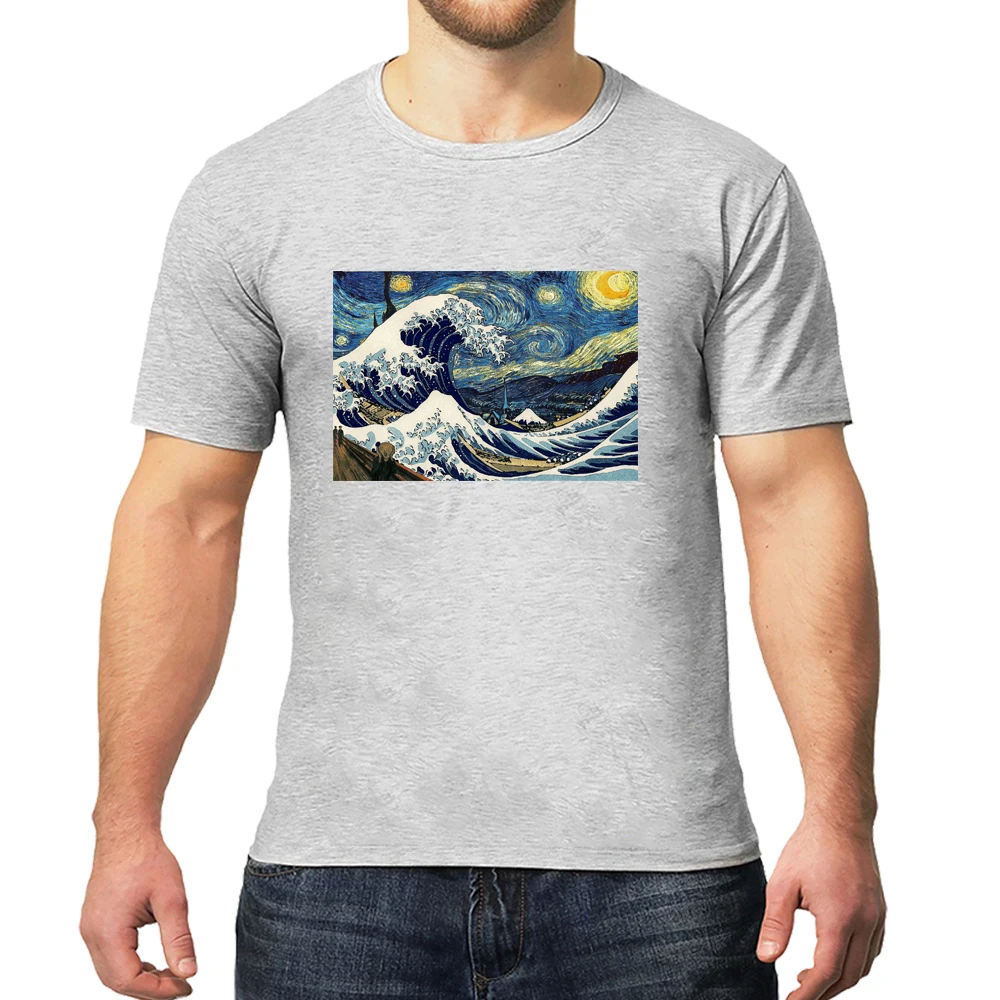 Мужская футболка с принтом "Great wave off kanagawa", Ретро стиль, короткий рукав, тонкие топы, звездная ночь, забавный мультфильм, Harajuku, Мужская футболка, S5MC69