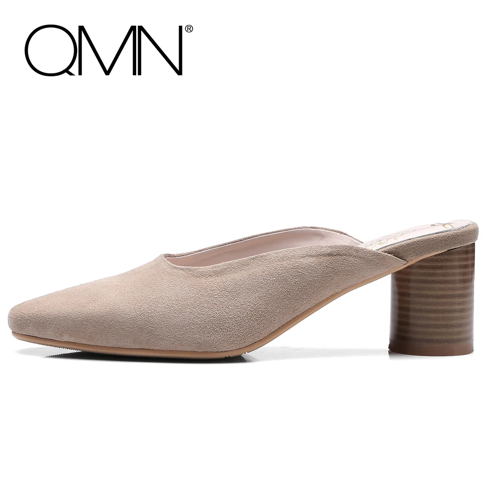 

QMN women genuine leather mules Women Square Toe Natural Suede Slippers Slip On Summer Leisure Shoes Woman Leather Slides 34-39