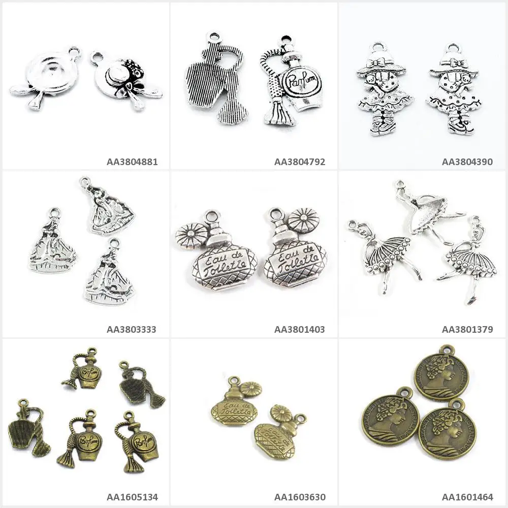 

Antique Bronze Silver Plated Jewelry Making Charms Queen Signs Tag Perfume Bottle Parfum Ballet Dancer Princess Girl Little Lady