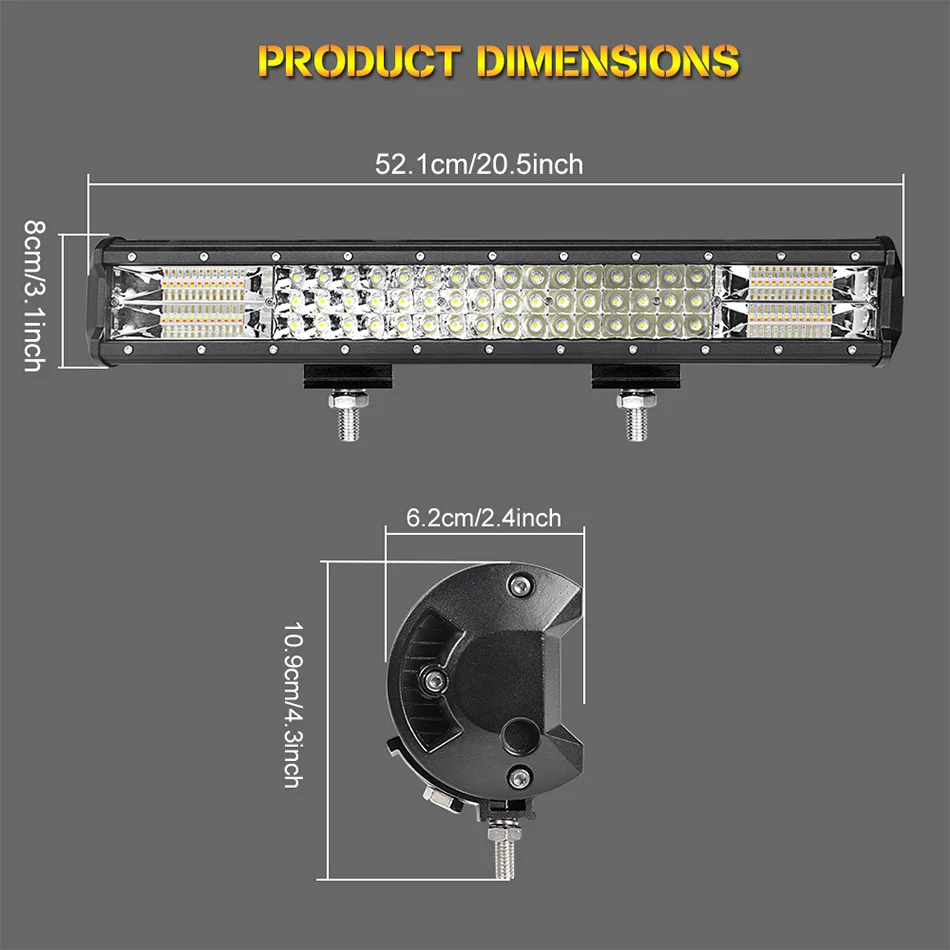 RACBOX 20 дюймов трехрядный двухцветный прямой светодиодный рабочий светильник, белый Янтарный комбинированный луч для Jeep LADA Offraod SUV ATV UTV Car
