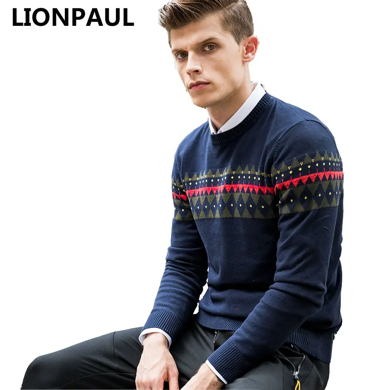 

LIONPAUL Patchwork Men Pullovers Fashion Standard Wool Mens Knitted Sweaters Long Sleeve Spring Autumn O-neck Mens Sweater