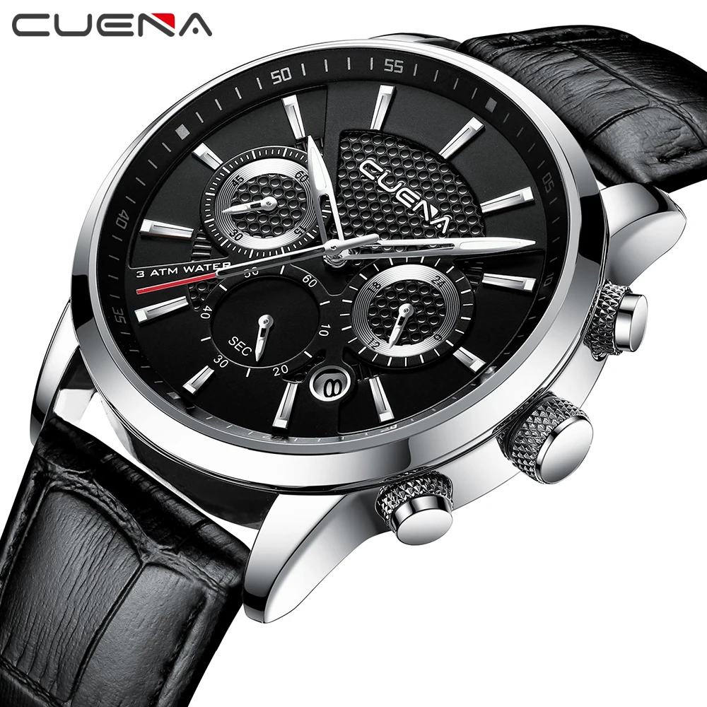 

CUENA Casual Chic Black Quartz Watch Men Chronograph Clock 3 Sub-dials 6 Hands Date Multifunction Waterproof Wrist Watches 2018