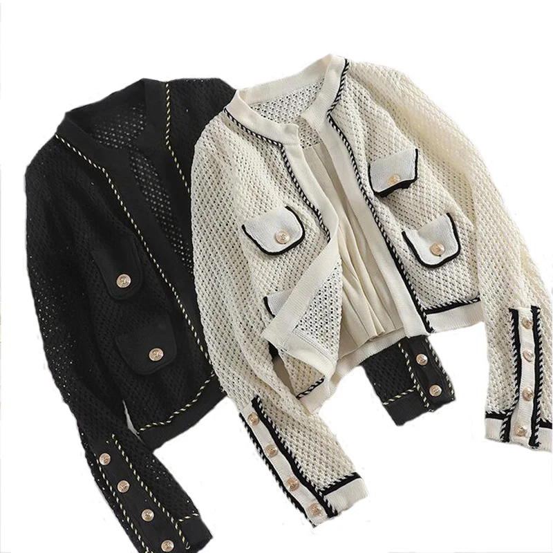 

Hollow Out Knitted Women's Summer Jacket Sun Protection Cardigan Lurex Summer Women's Knit Jacket Fashion Patch Designs Coat