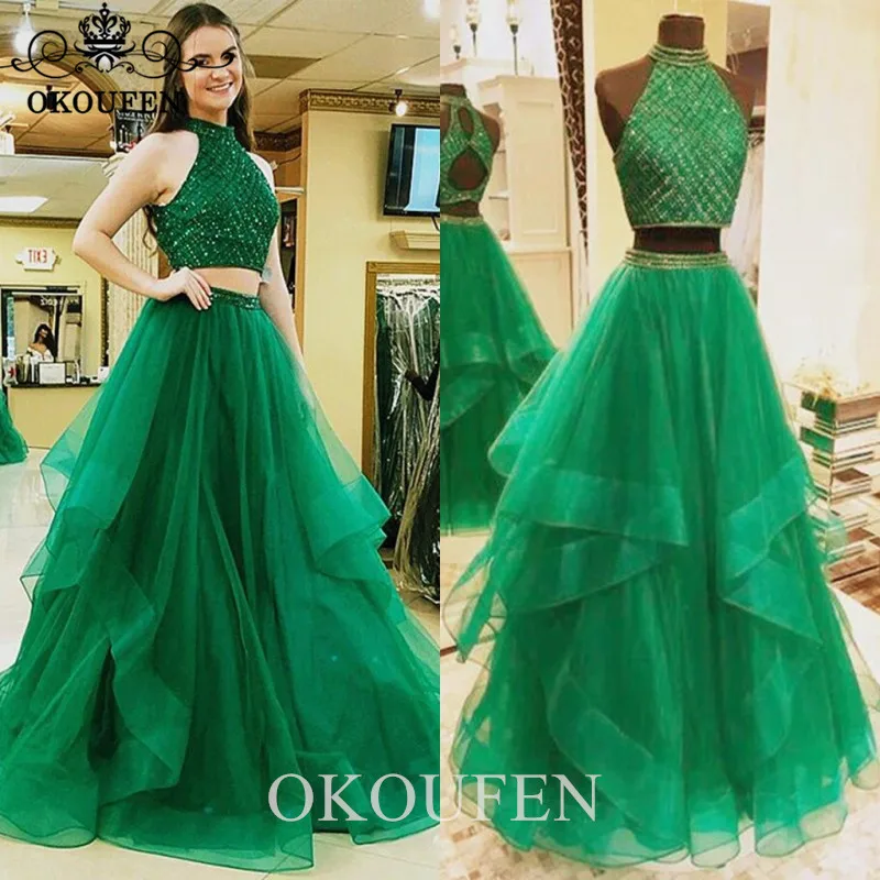 

Two Piece Prom Dresses For Women Sparkling Beads 2019 Green Tulle Long Tiered A Line Crop Top Evening Dress Party For Women