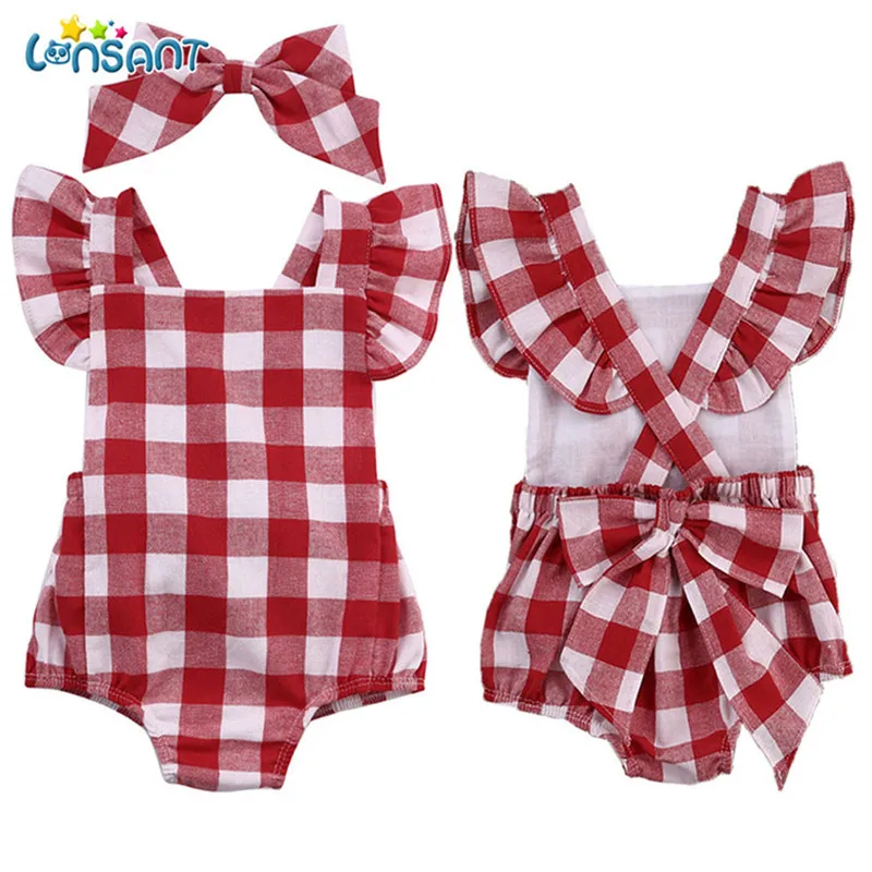 LONSANT/одежда из хлопка с бантом для новорожденных; коллекция года; боди; комбинезон; Модный комбинезон с буквенным принтом; одежда для малышей - Цвет: Red