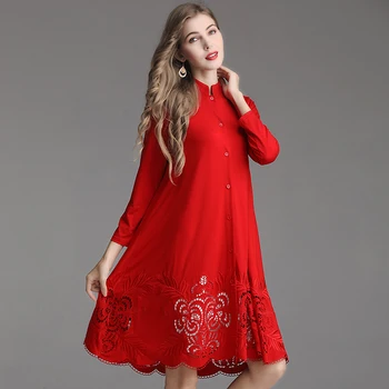 

Top Quality New Plus Size Clothing 2019 Spring Summer Long Shirt Dress Big Size Women Hollow Out Embroidery Red Black Dress 5XL