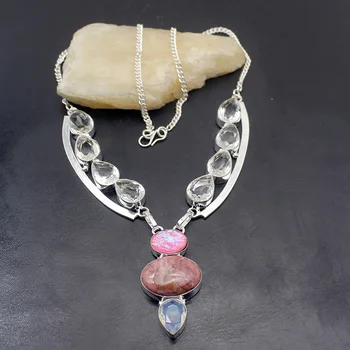 

Special Design Rhodochrosite WhiteTopaz 925 Sterling Silver Color Chain Pendant Necklace 19 Inch TF808