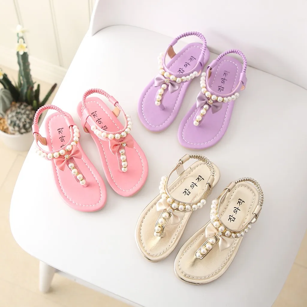 summer kids sandals for girls Bowknot Pearl Princess shoes baby girl sandals Thong kids sandals crystal bebek ayakkabi A1