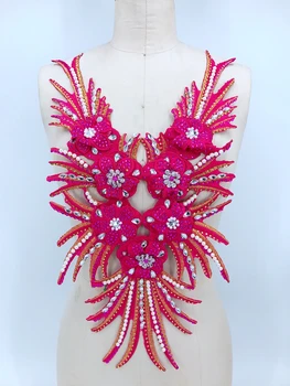 

Sew on rose red patches lace applique 51*28cm with hand sewing stones peal for dress DIY accessories