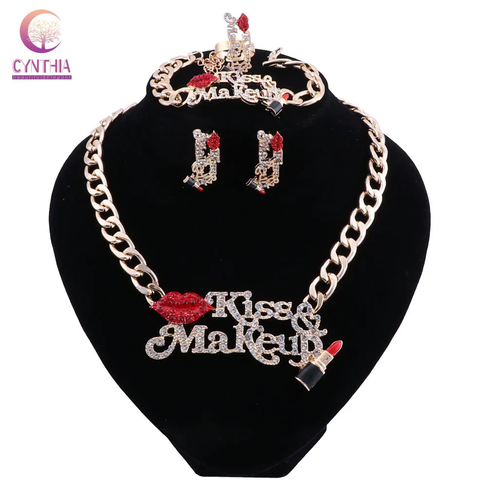 

Bridal Gift Nigerian Wedding African Beads Jewelry Set Fashion Dubai Gold color Crystal Kiss Red Lips Lipstick Jewelry Set