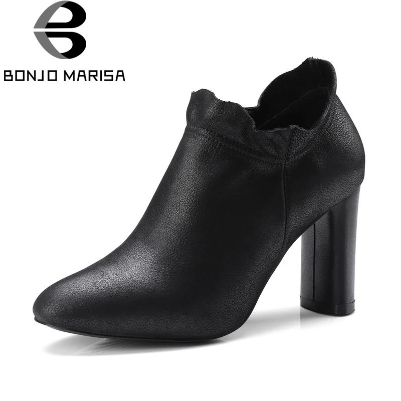 

BONJOMARISA large size 33-43 cow genuine leather zipper pointed Toe high heels women Shoes Woman Casual Spring pumps