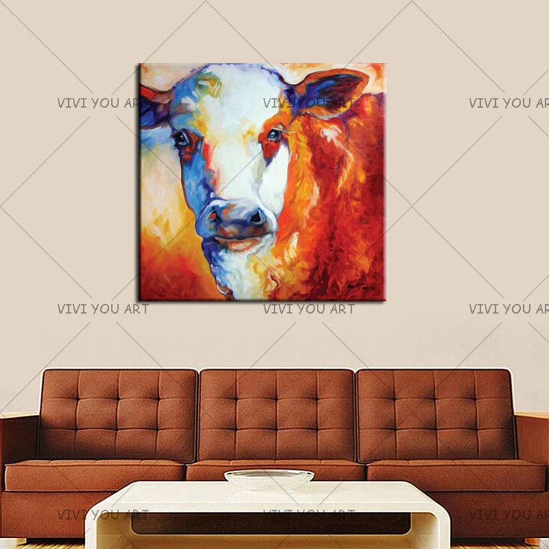 

Hand Painted Animal Oil Paintings Modern Abstract Wall Art Home Decor Large Colorful Pictures Handmade Red Cow Canvas Painting