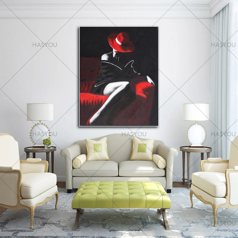 

Handpainted Woman in painting of a woman with red hat and black dress Portrait Oil Painting Dancing Canvas Painting Decorative
