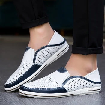 

2020 Fashion Trendy Men Shoes Summer Light Breathable Hollow Loafers Cow Leather Lace-up Walking Driving Men's Casual Shoes