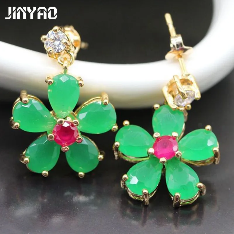 

JINYAO Fashion Jewelry Lovely Flower Stud Earring For Girls Gold Color Green Zircon Crystals CZ Earrings For Women E06-2
