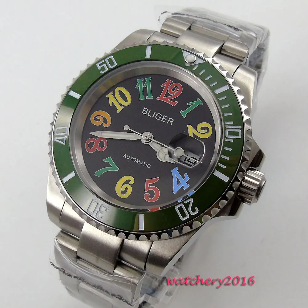 

40mm Bliger Black Dial Green ceramic bezel Sapphire Crystal Date Deployment Clasp Luminous Hand Automatic Mechanical men's Watch